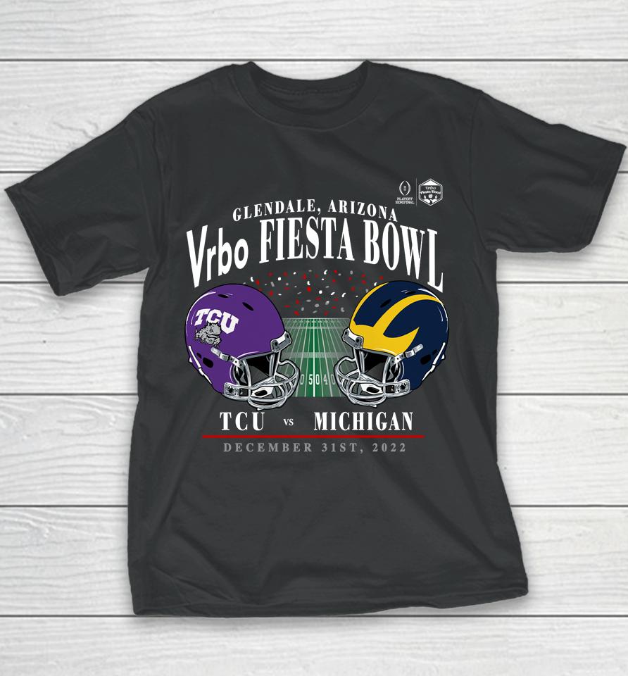 Michigan Wolverines Vs Tcu Horned Frogs Fanatics Branded College Football Playoff 2022 Fiesta Bowl Youth T-Shirt