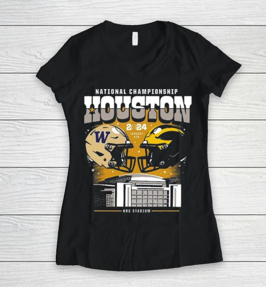 Michigan Wolverines Vs Washington Huskies College Football Playoff 2024 National Championship Game Head To Head Stadium Women V-Neck T-Shirt