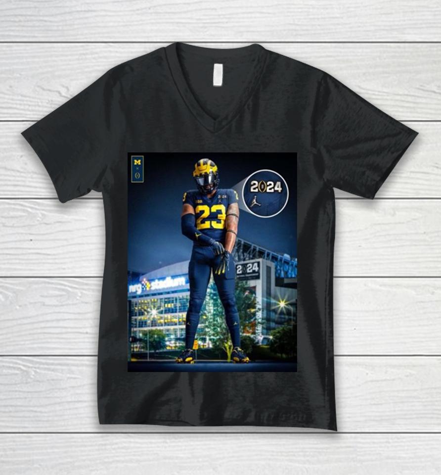 Michigan Wolverines With Uniform In Cfp National Championship 2024 Unisex V-Neck T-Shirt