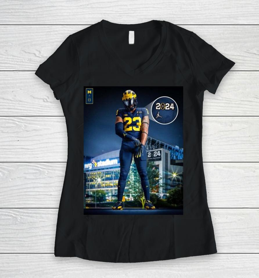 Michigan Wolverines With Uniform In Cfp National Championship 2024 Women V-Neck T-Shirt