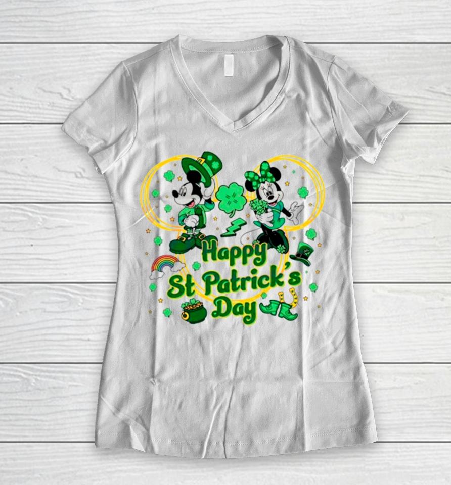 Mickey And Minnie Happy St Patrick’s Day Women V-Neck T-Shirt