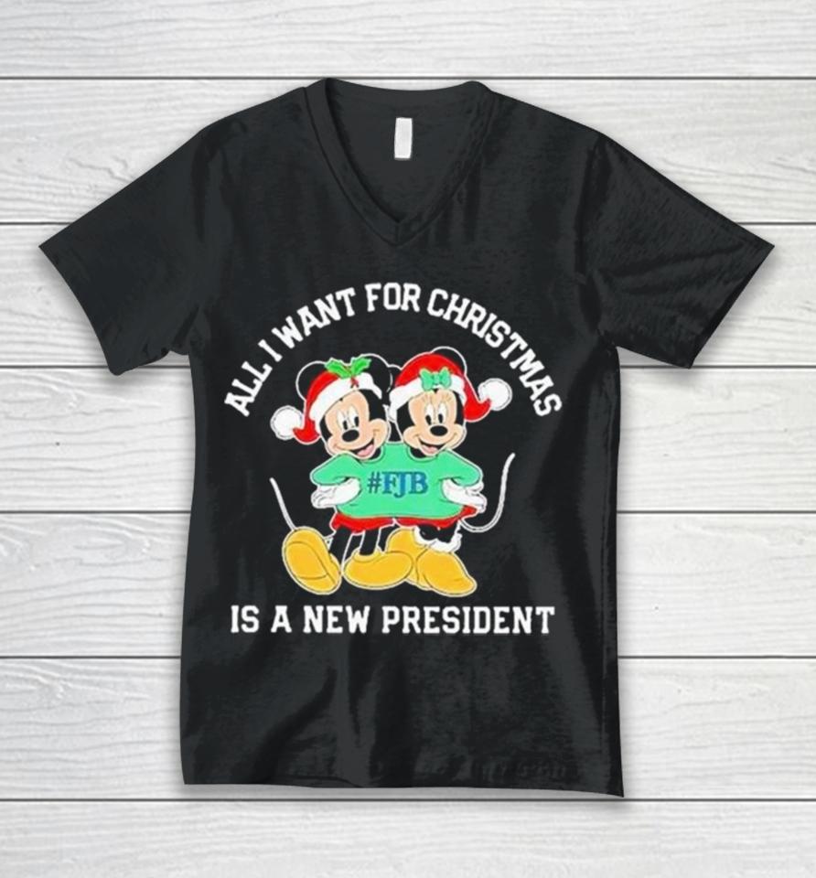 Mickey And Minnie Mouse All I Want For Christmas Is A New President Unisex V-Neck T-Shirt
