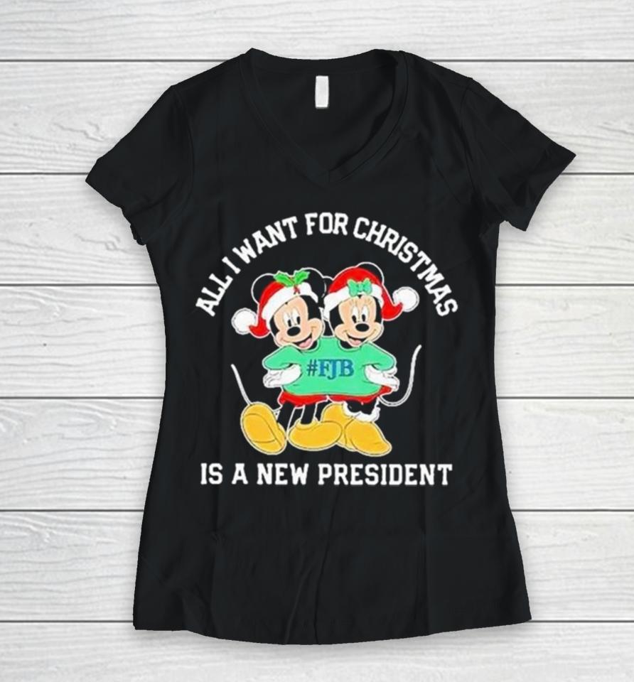 Mickey And Minnie Mouse All I Want For Christmas Is A New President Women V-Neck T-Shirt