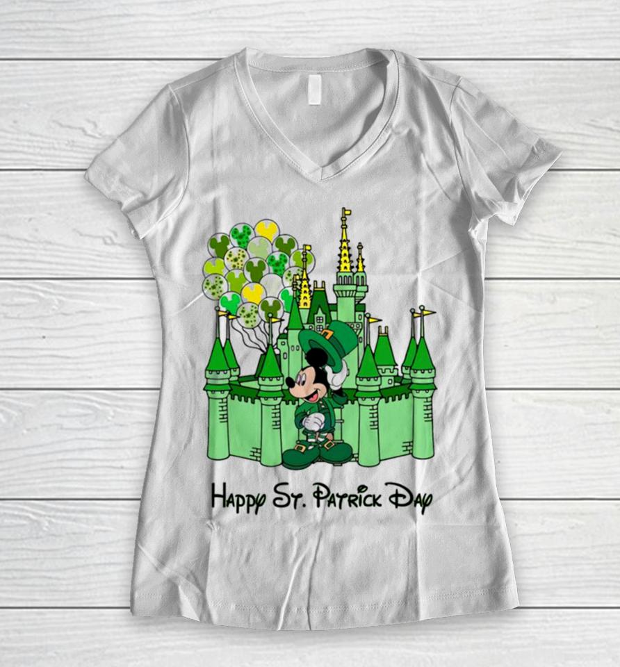Mickey Castle Disney Happy St. Patrick’s Day Women V-Neck T-Shirt