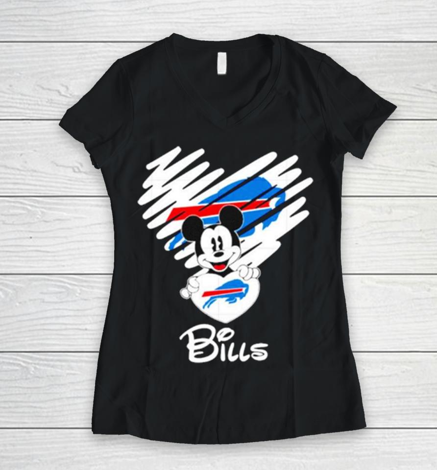Mickey Heart Buffalo Bills Women V-Neck T-Shirt