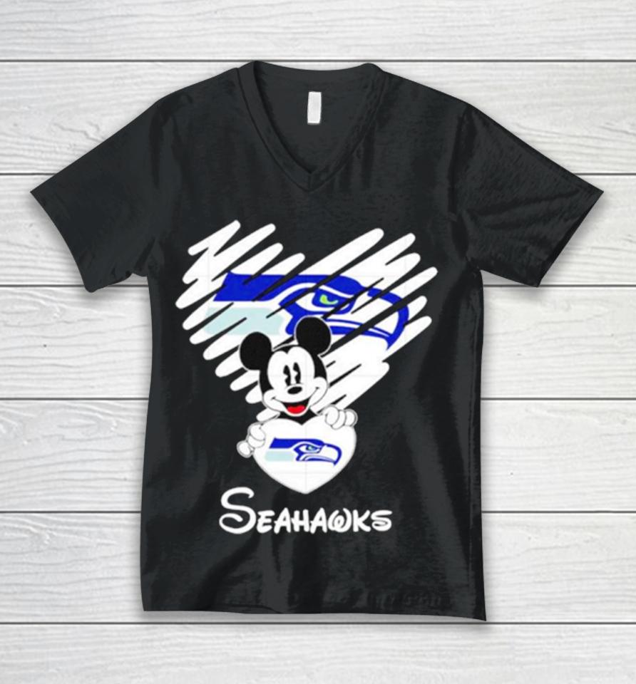 Mickey Heart Seattle Seahawks Unisex V-Neck T-Shirt