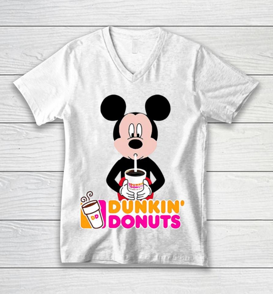 Mickey Mouse Drinking Dunkin’ Donuts Unisex V-Neck T-Shirt