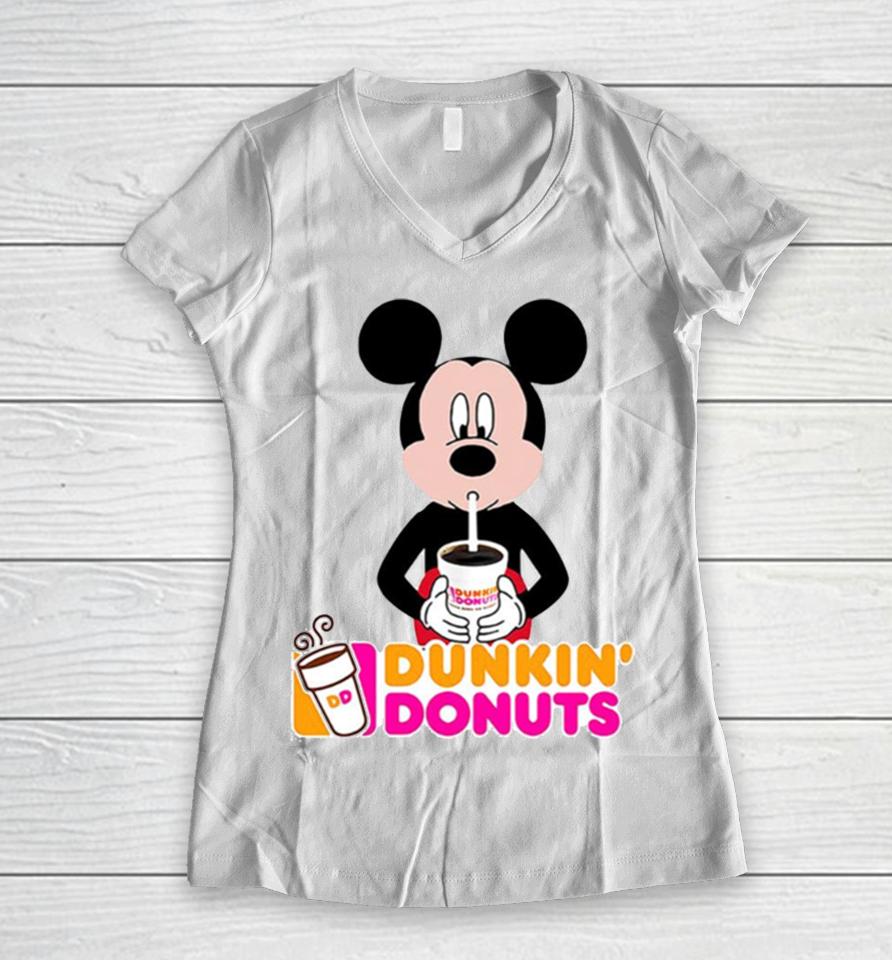 Mickey Mouse Drinking Dunkin’ Donuts Women V-Neck T-Shirt