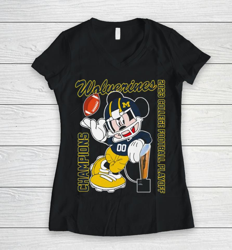 Mickey Mouse Michigan Wolverines 2022 College Football Playoff National Champions Women V-Neck T-Shirt