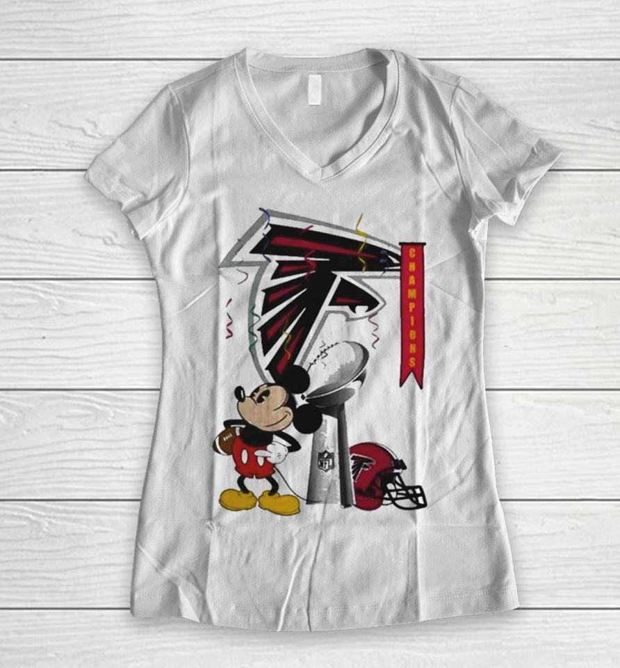 Mickey Mouse Nfl Atlanta Falcons Football Super Bowl Champions Helmet Logo Women V-Neck T-Shirt