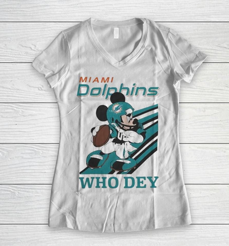 Mickey Mouse Nfl Miami Dolphins Football Player Who Dey Slogan Women V-Neck T-Shirt