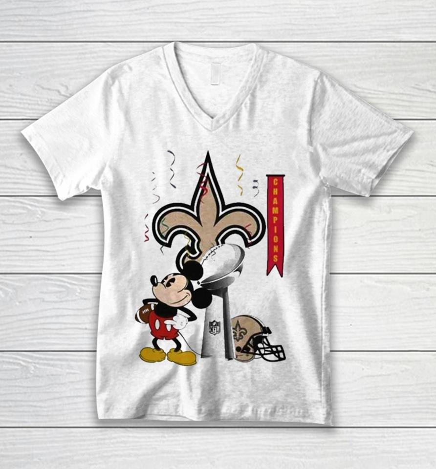 Mickey Mouse Nfl New Orleans Saints Football Super Bowl Champions Helmet Logo Unisex V-Neck T-Shirt