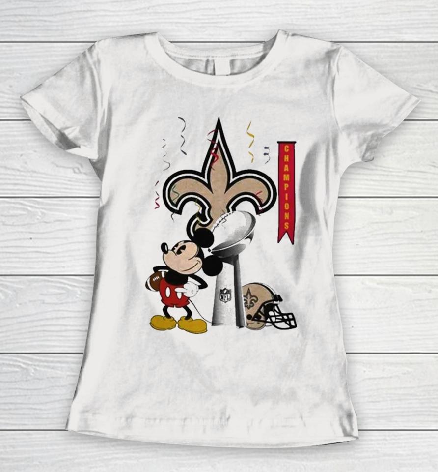Mickey Mouse Nfl New Orleans Saints Football Super Bowl Champions Helmet Logo Women T-Shirt
