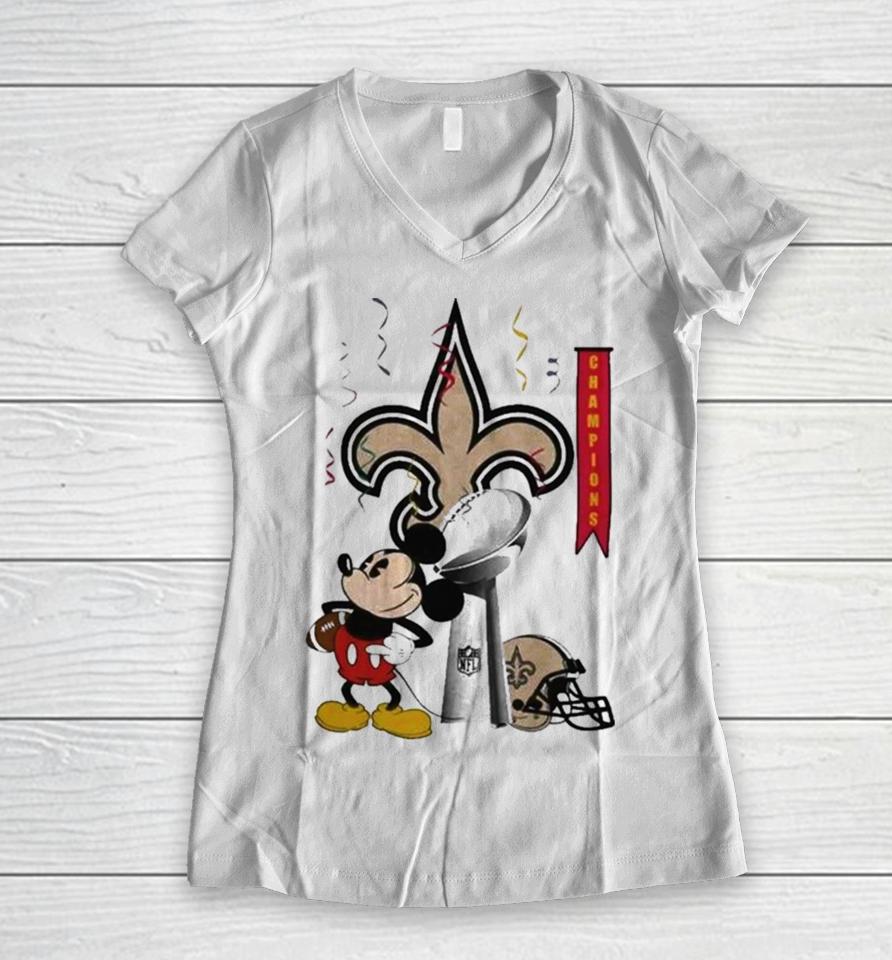 Mickey Mouse Nfl New Orleans Saints Football Super Bowl Champions Helmet Logo Women V-Neck T-Shirt