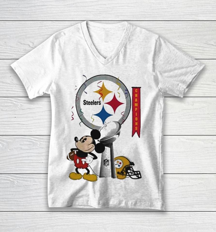 Mickey Mouse Nfl Pittsburgh Steelers Football Super Bowl Champions Helmet Logo Unisex V-Neck T-Shirt