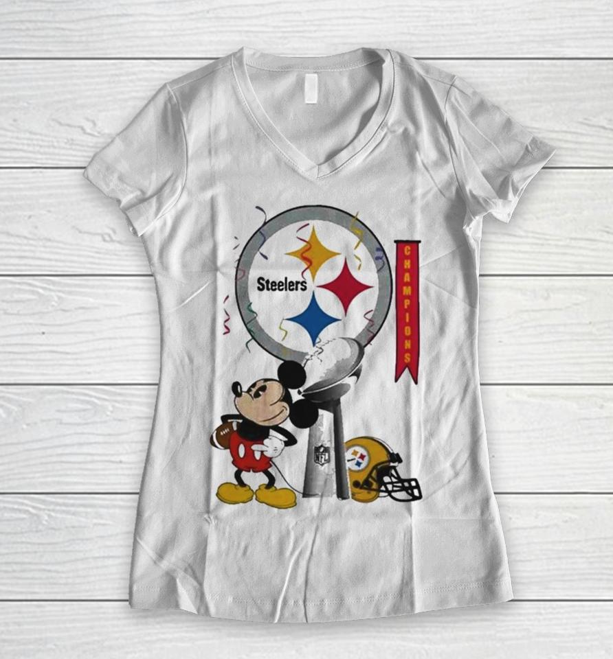 Mickey Mouse Nfl Pittsburgh Steelers Football Super Bowl Champions Helmet Logo Women V-Neck T-Shirt