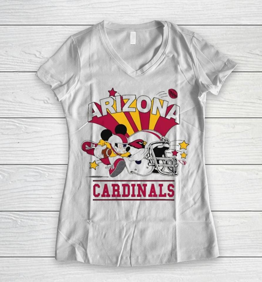 Mickey Mouse Player Arizona Cardinals Football Helmet Logo Character Women V-Neck T-Shirt