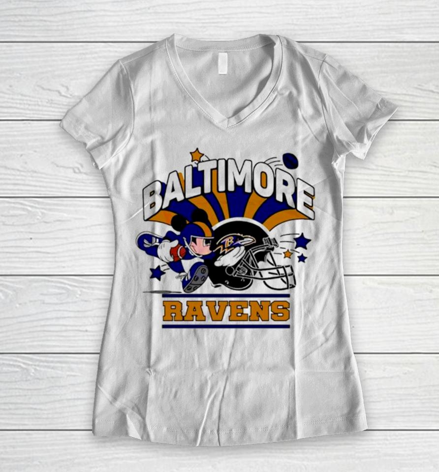 Mickey Mouse Player Baltimore Ravens Football Women V-Neck T-Shirt
