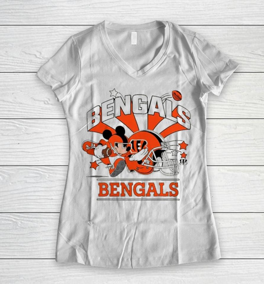 Mickey Mouse Player Cincinnati Bengals Football Helmet Logo Character Women V-Neck T-Shirt
