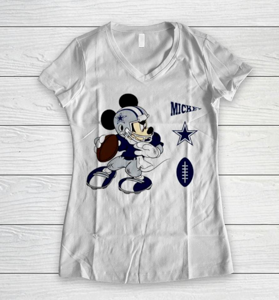 Mickey Mouse Player Dallas Cowboys Disney Football Women V-Neck T-Shirt