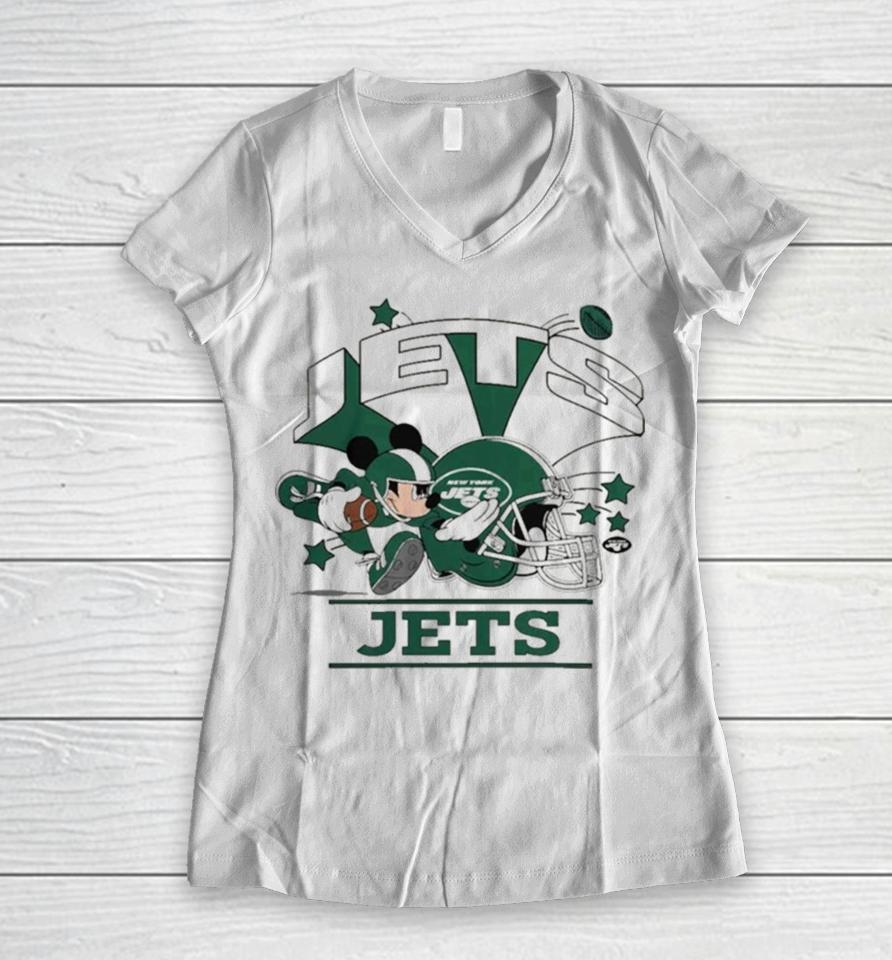 Mickey Mouse Player New York Jets Football Helmet Logo Character Women V-Neck T-Shirt
