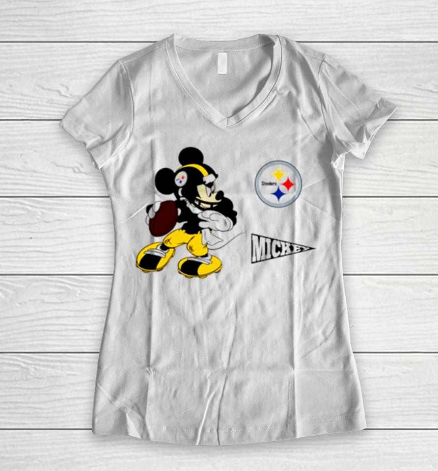 Mickey Mouse Player Pittsburgh Steelers Disney Football Women V-Neck T-Shirt