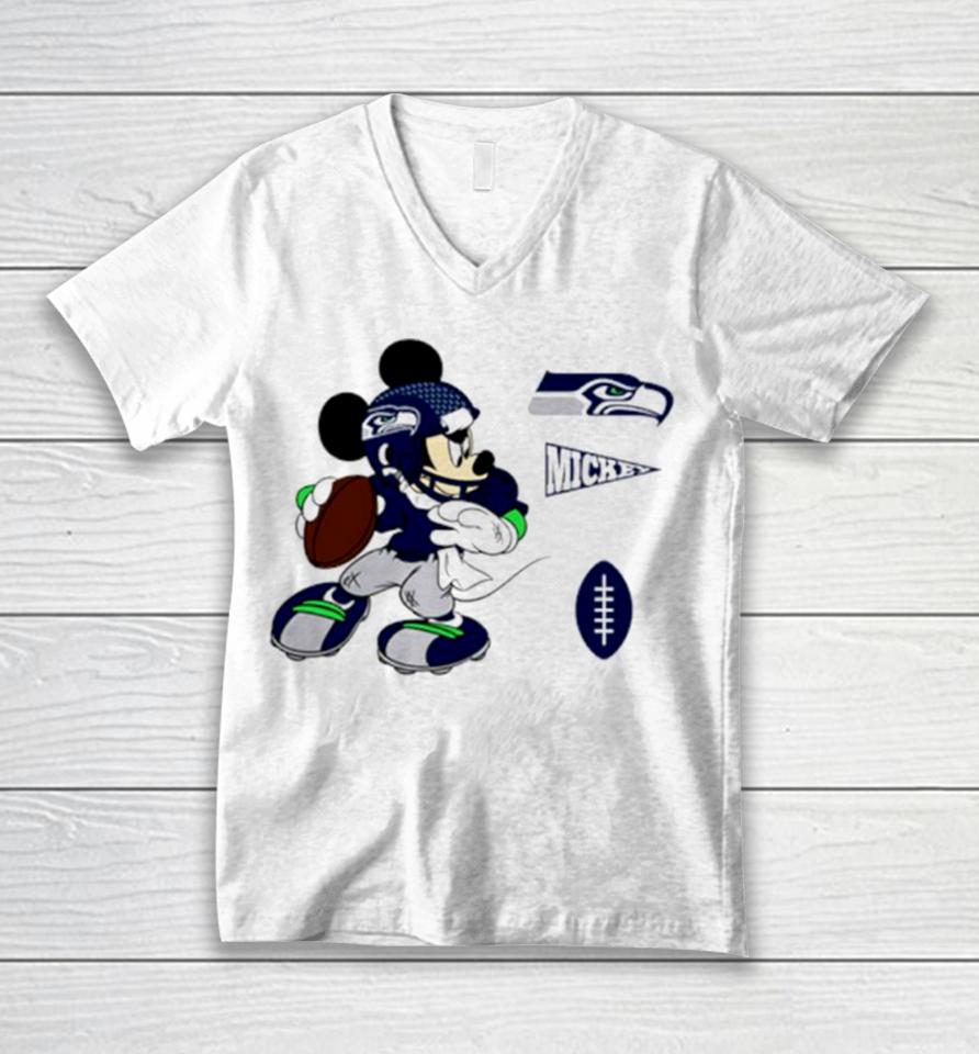 Mickey Mouse Player Seattle Seahawks Disney Football Unisex V-Neck T-Shirt