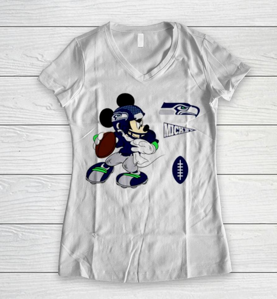 Mickey Mouse Player Seattle Seahawks Disney Football Women V-Neck T-Shirt