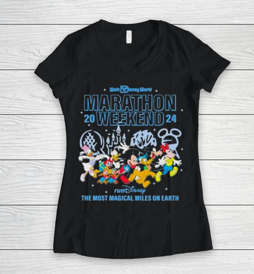 Mickey Mouse Running Walt Disney World Marathon 2024 Women V-Neck T-Shirt