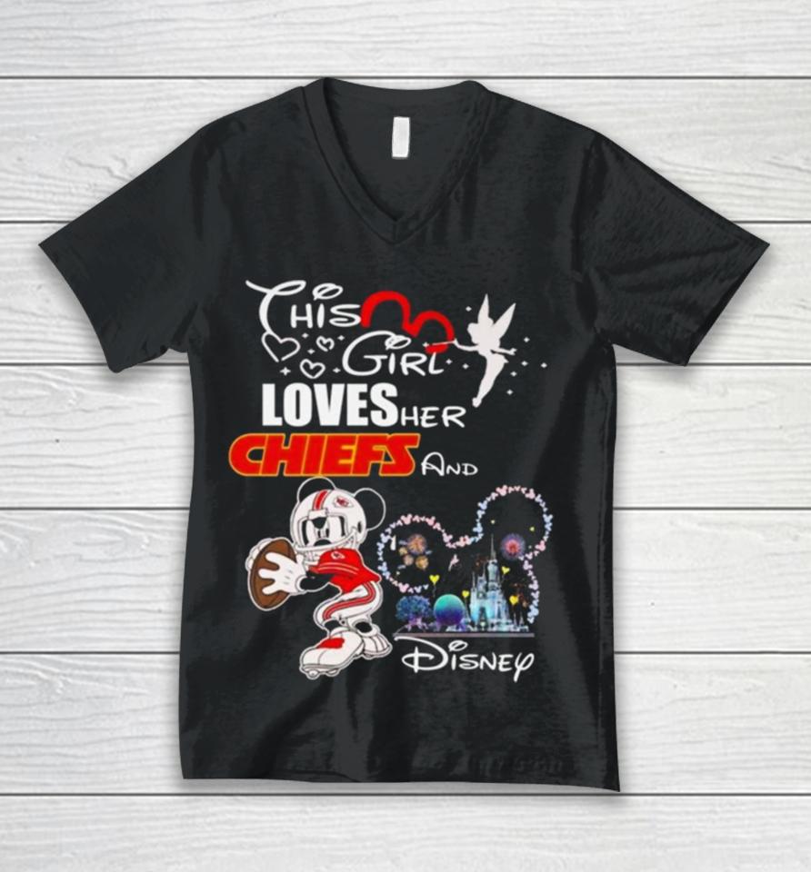 Mickey Mouse This Girl Loves Her Kansas City Chiefs And Disney 2024 Unisex V-Neck T-Shirt