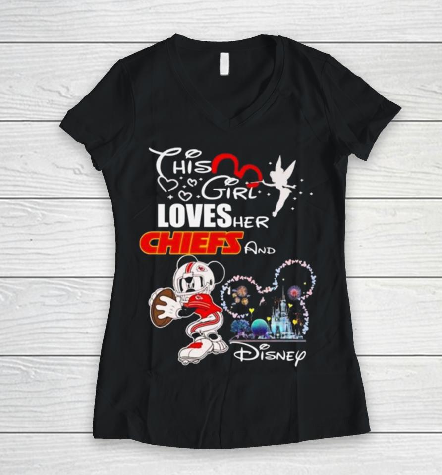 Mickey Mouse This Girl Loves Her Kansas City Chiefs And Disney 2024 Women V-Neck T-Shirt