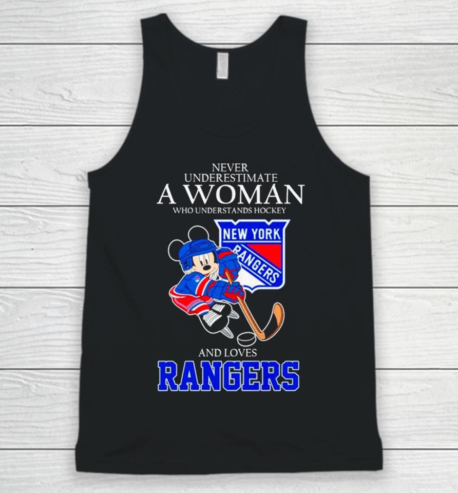 Mickey Never Underestimate A Woman Who Understands Hockey And Loves New York Rangers Unisex Tank Top