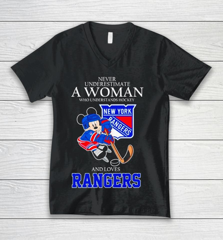 Mickey Never Underestimate A Woman Who Understands Hockey And Loves New York Rangers Unisex V-Neck T-Shirt