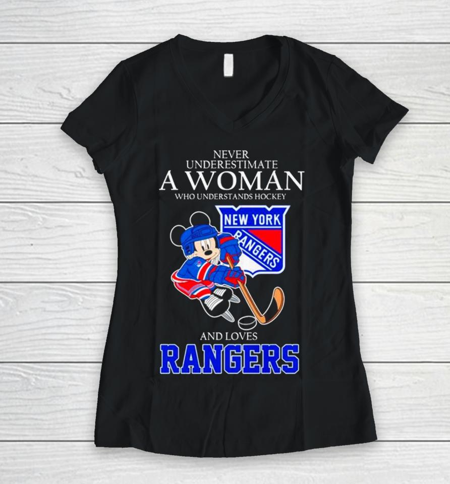Mickey Never Underestimate A Woman Who Understands Hockey And Loves New York Rangers Women V-Neck T-Shirt