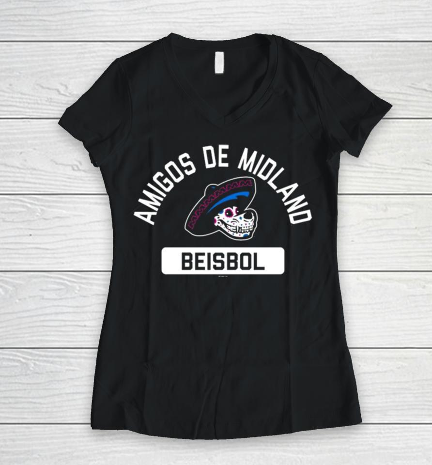 Midland Rockhounds Amigos De Midland Beisbol Women V-Neck T-Shirt