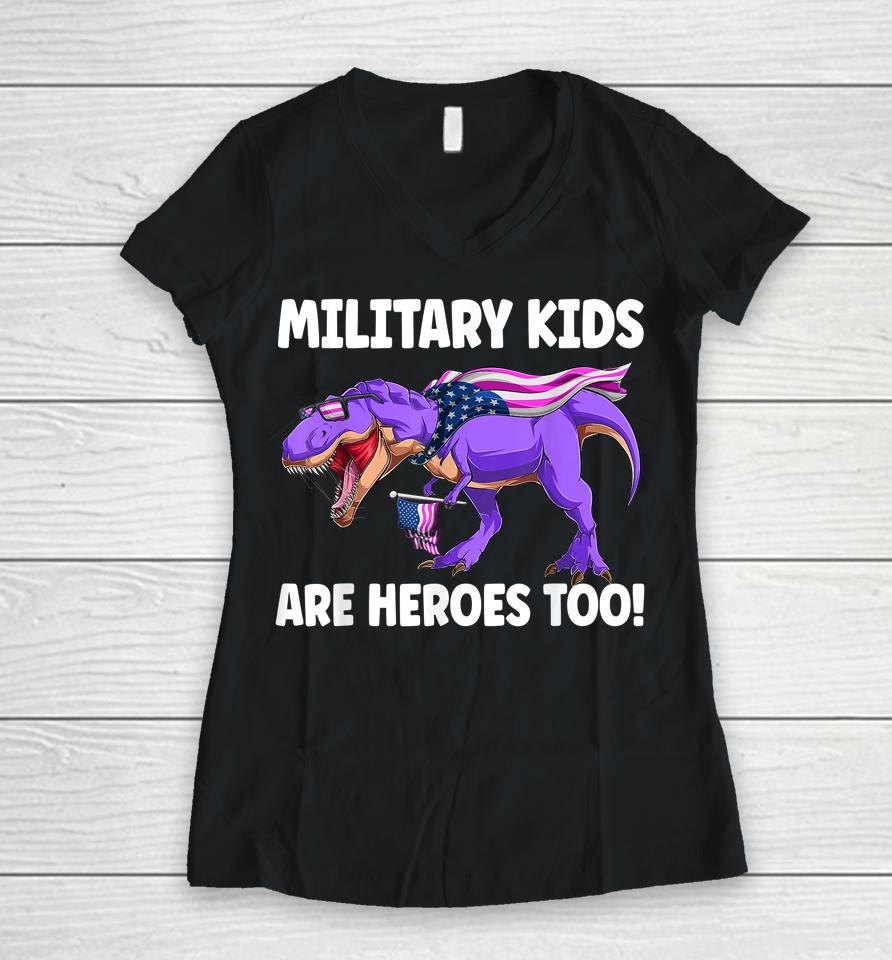 Military Kids Are Heroes Too! Purple Up Military Child Month Women V-Neck T-Shirt