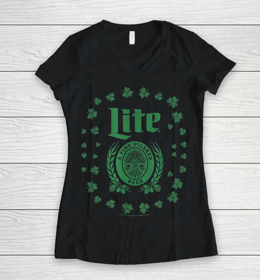 Miller Lite St Patrick's Day A Fine Pilsner Beer Distressed Women V-Neck T-Shirt