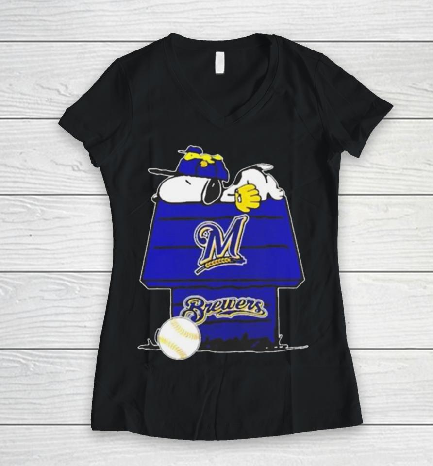Milwaukee Brewers Snoopy And Woodstock The Peanuts Baseball Women V-Neck T-Shirt