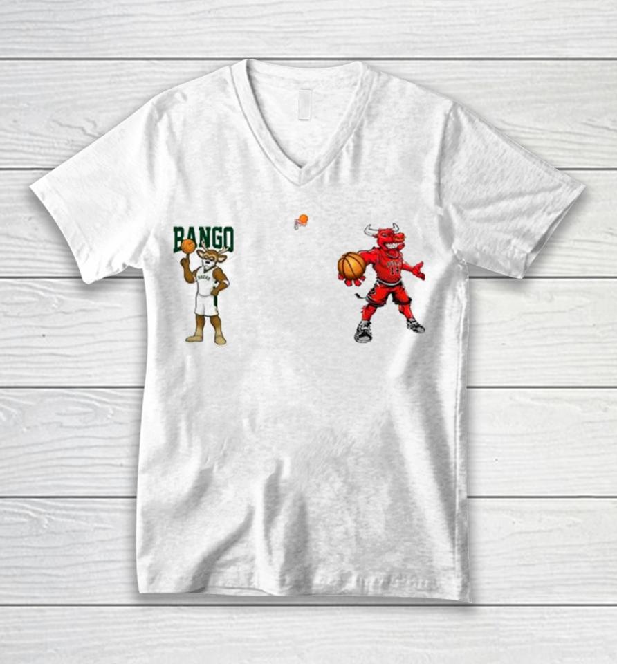 Milwaukee Bucks Vs Chicago Bulls Nba 2024 Mascot Cartoon Basketball Unisex V-Neck T-Shirt