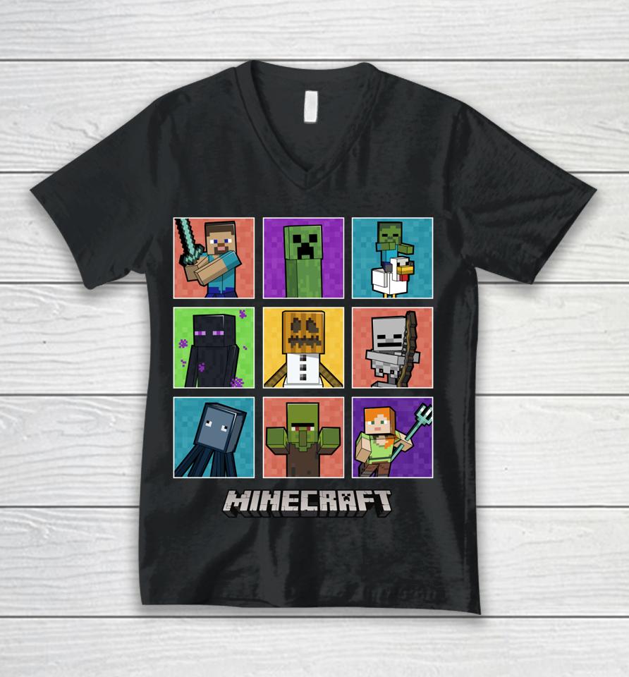 Minecraft Group Shot Colored Box Up Unisex V-Neck T-Shirt