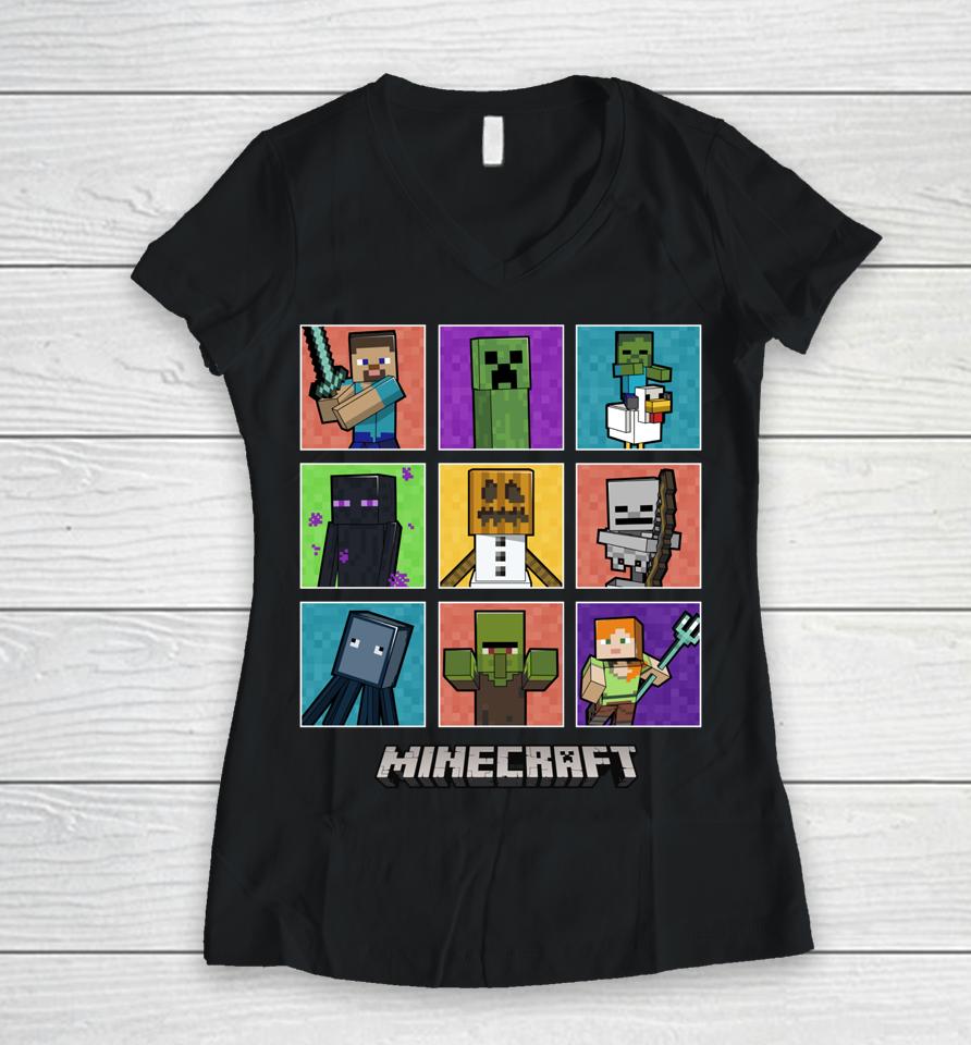 Minecraft Group Shot Colored Box Up Women V-Neck T-Shirt
