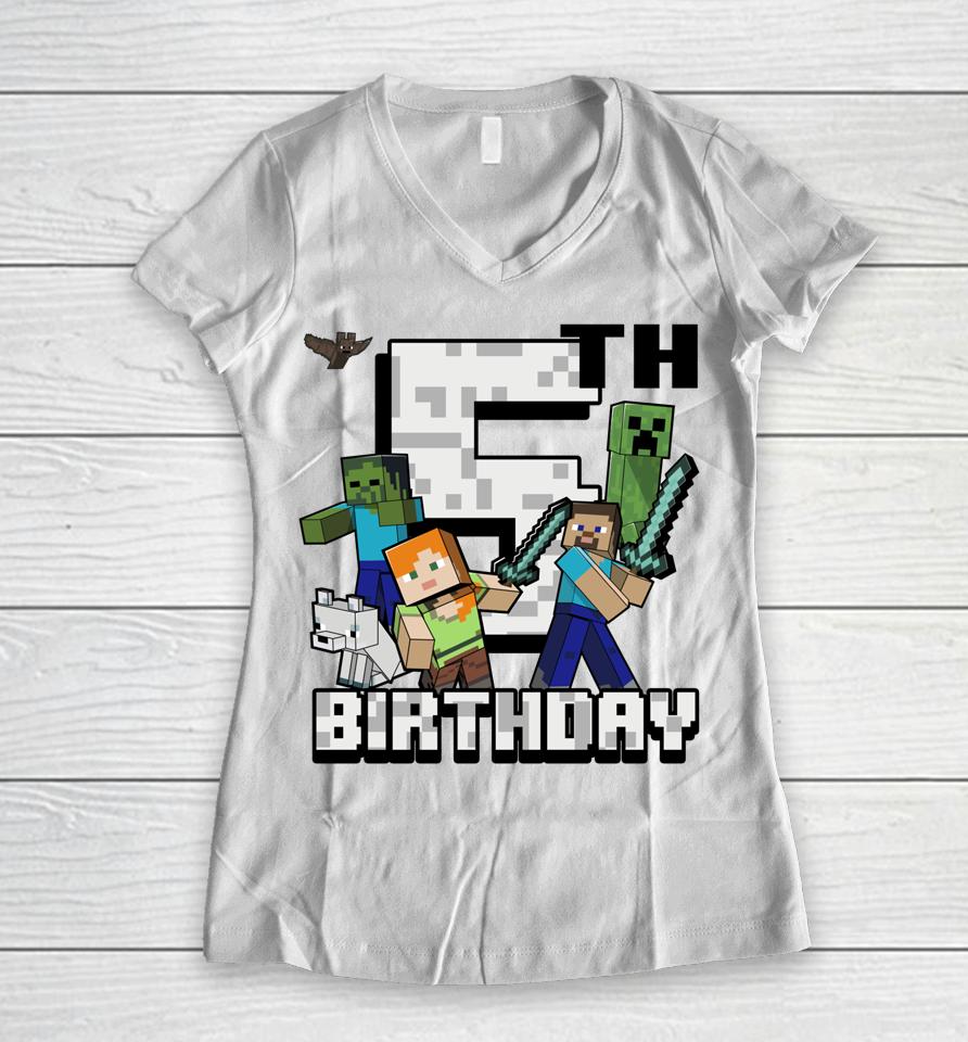 Minecraft Group Shot Happy 5Th Birthday Women V-Neck T-Shirt