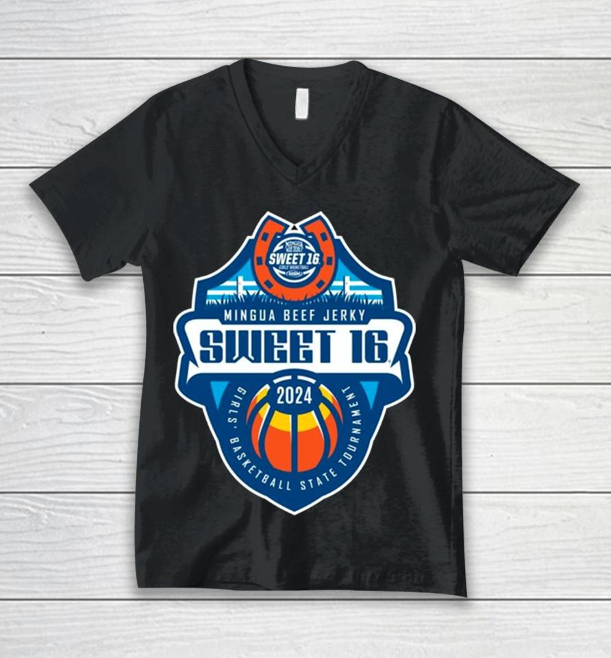 Mingua Beef Jerky Sweet 16 2024 Girls’ Basketball State Tournament Logo Unisex V-Neck T-Shirt