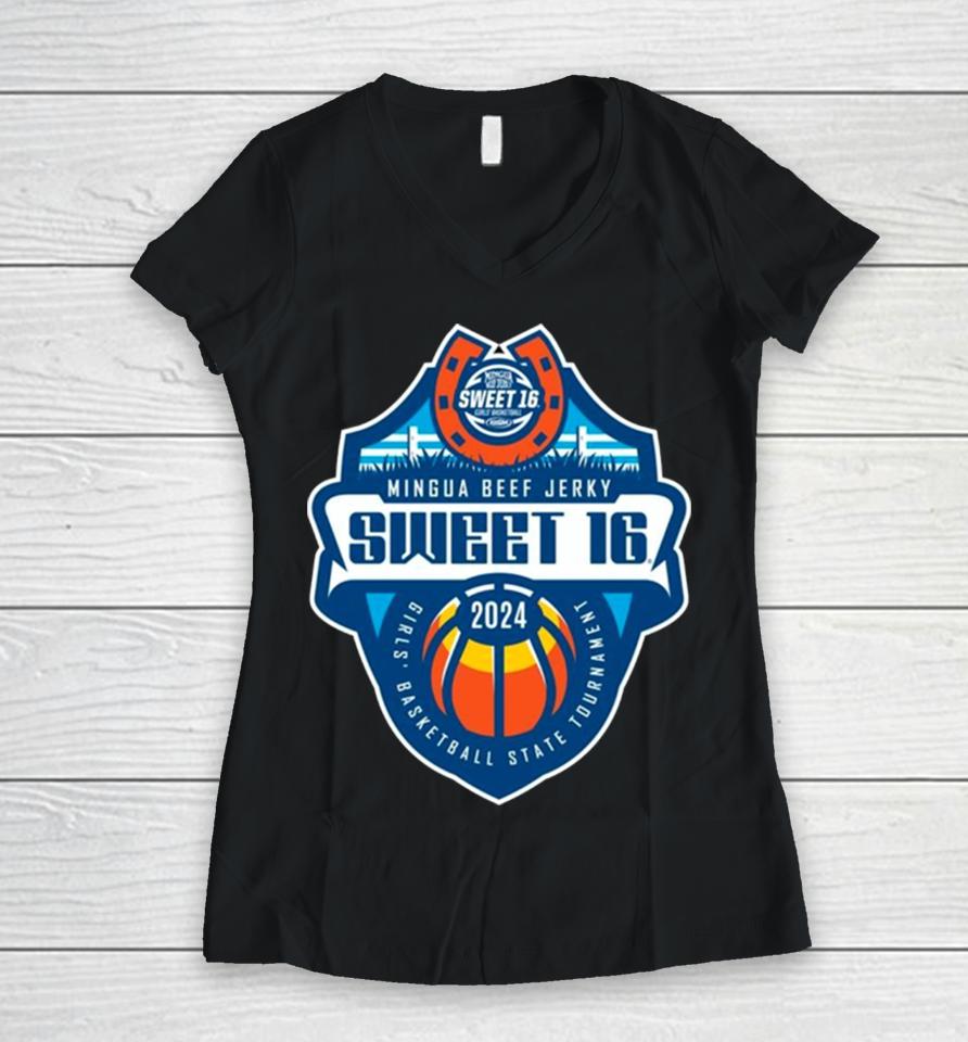 Mingua Beef Jerky Sweet 16 2024 Girls’ Basketball State Tournament Logo Women V-Neck T-Shirt