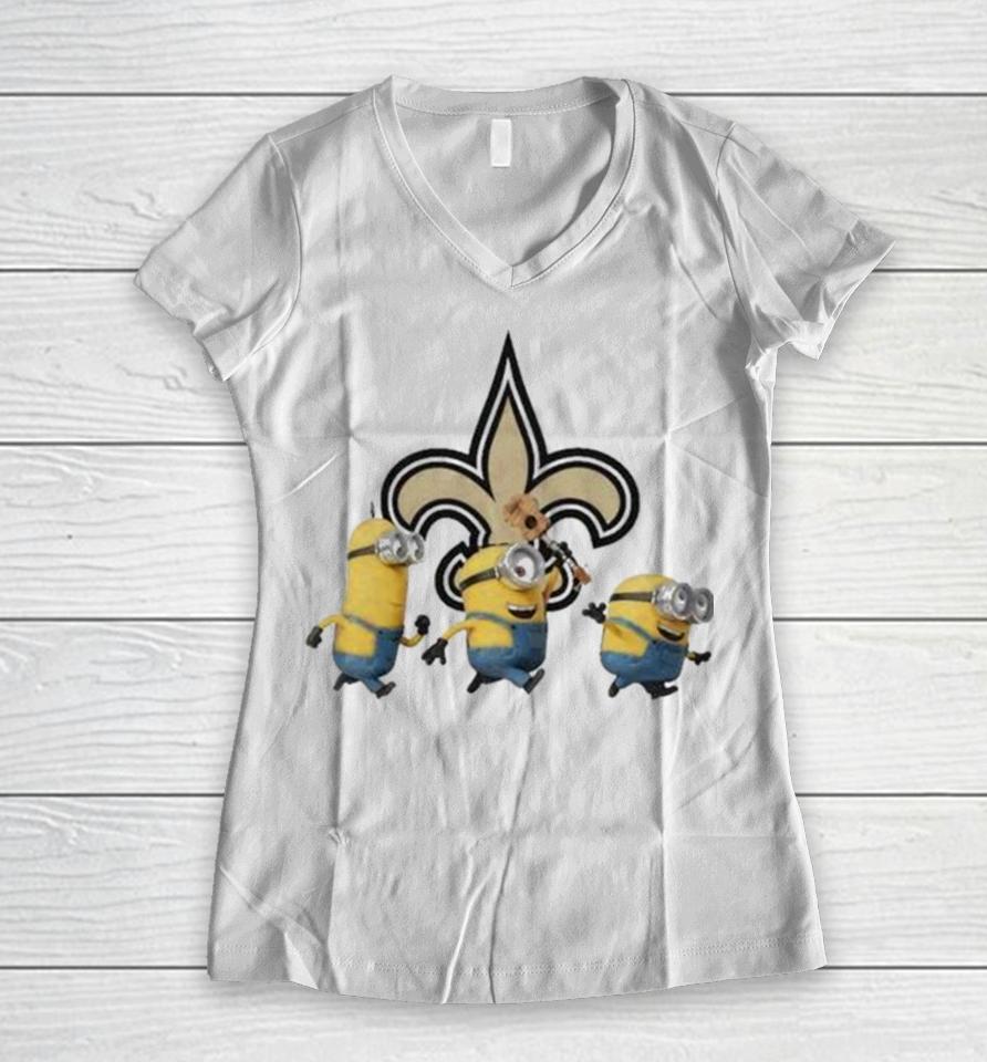 Minions Team New Orleans Saints Football Nfl Logo Women V-Neck T-Shirt