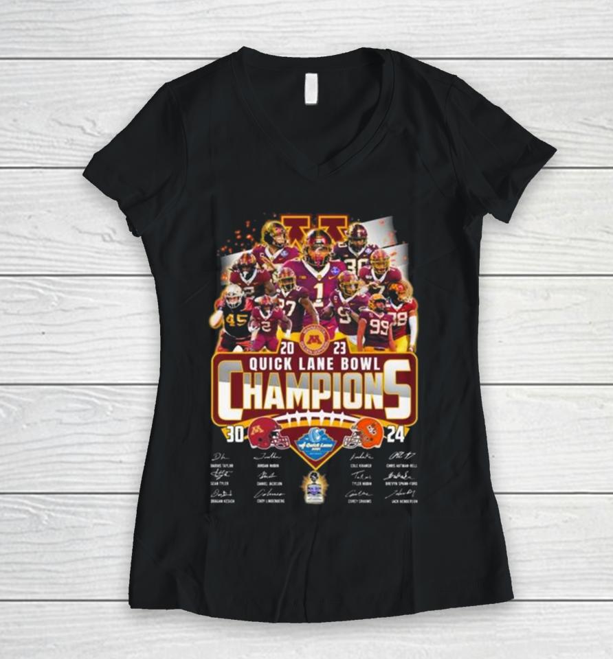 Minnesota Golden Gophers 2023 Quick Lane Bowl Champions Signatures Women V-Neck T-Shirt