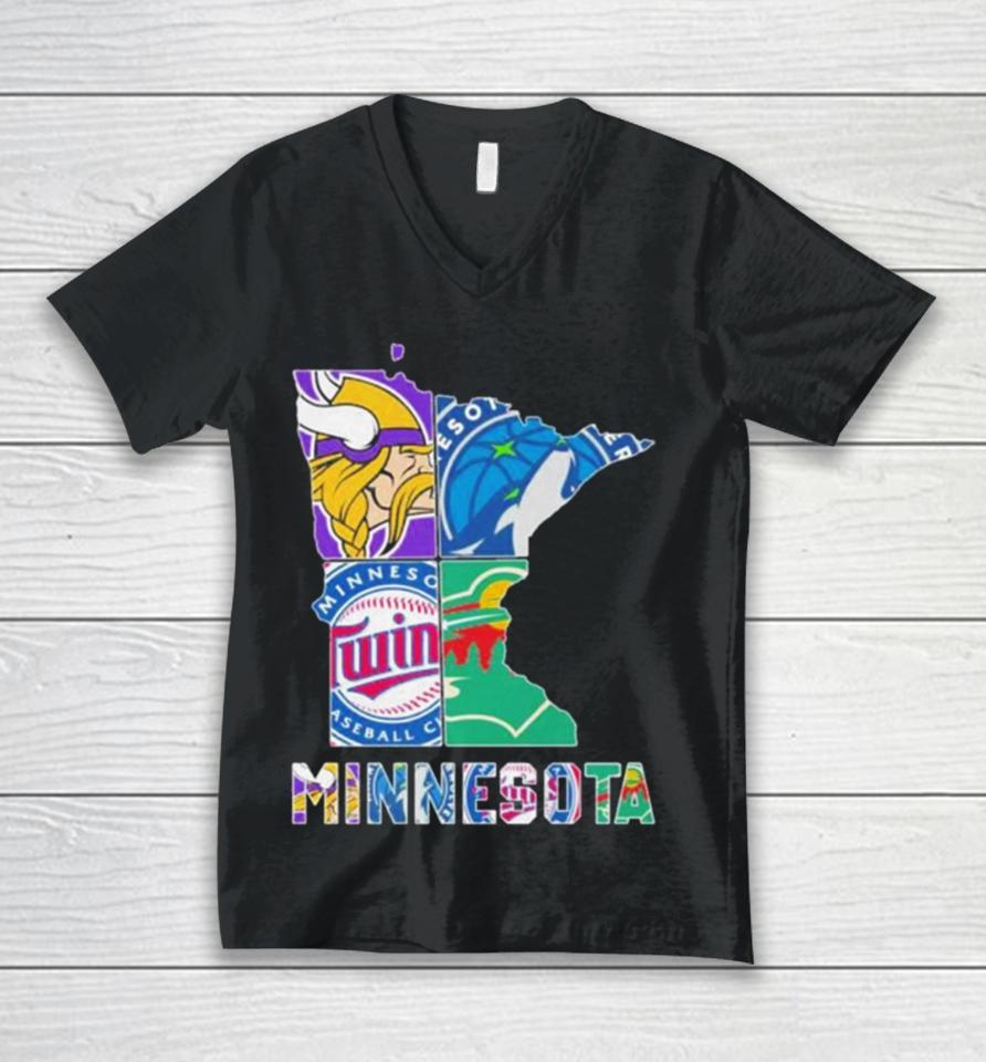 Minnesota Sports Team Logo Map Unisex V-Neck T-Shirt
