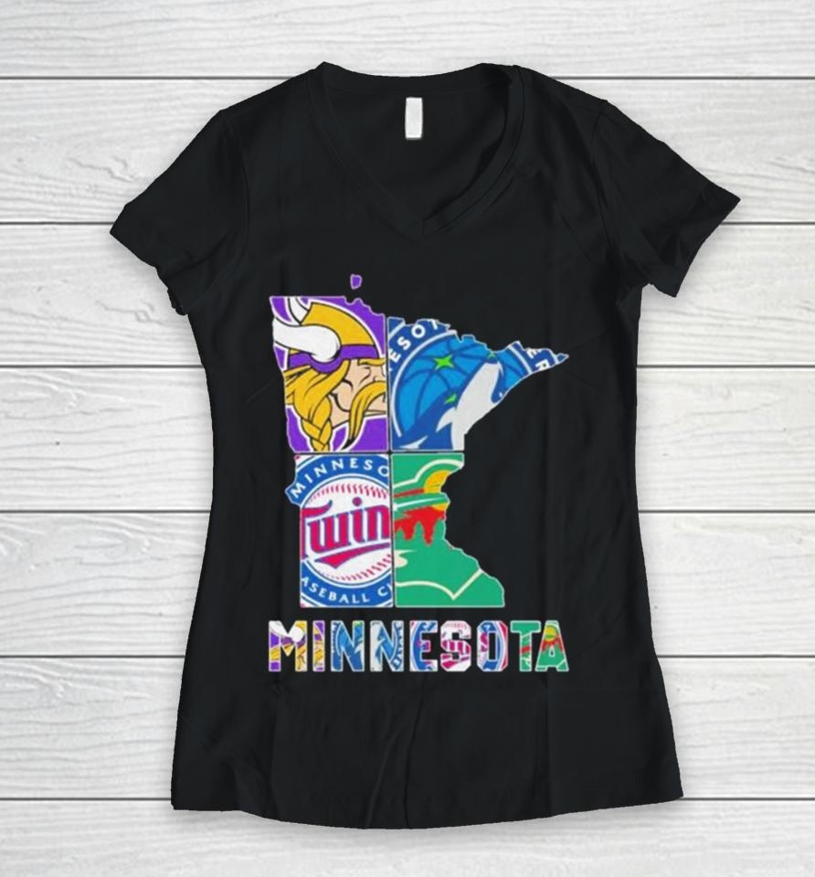 Minnesota Sports Team Logo Map Women V-Neck T-Shirt