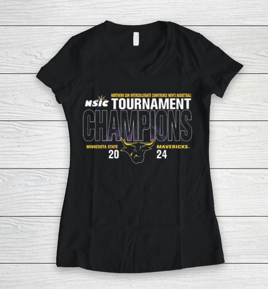 Minnesota State University Mankato Men’s Basketball 2024 Northern Sun Tournament Champions Women V-Neck T-Shirt