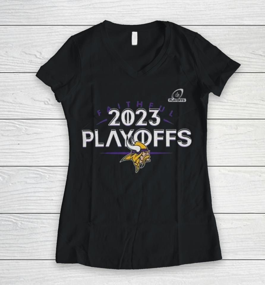 Minnesota Vikings 2023 Nfl Playoffs Faithful Women V-Neck T-Shirt